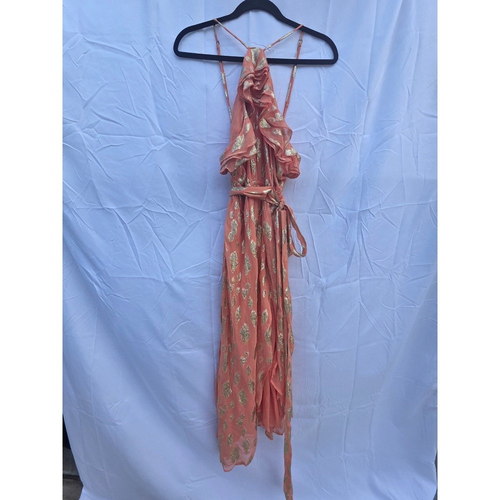 Sundress Orange Gold Metallic Fil Coupe Ruffle Halter Maxi Dress Size Large NWT - Picture 2 of 11